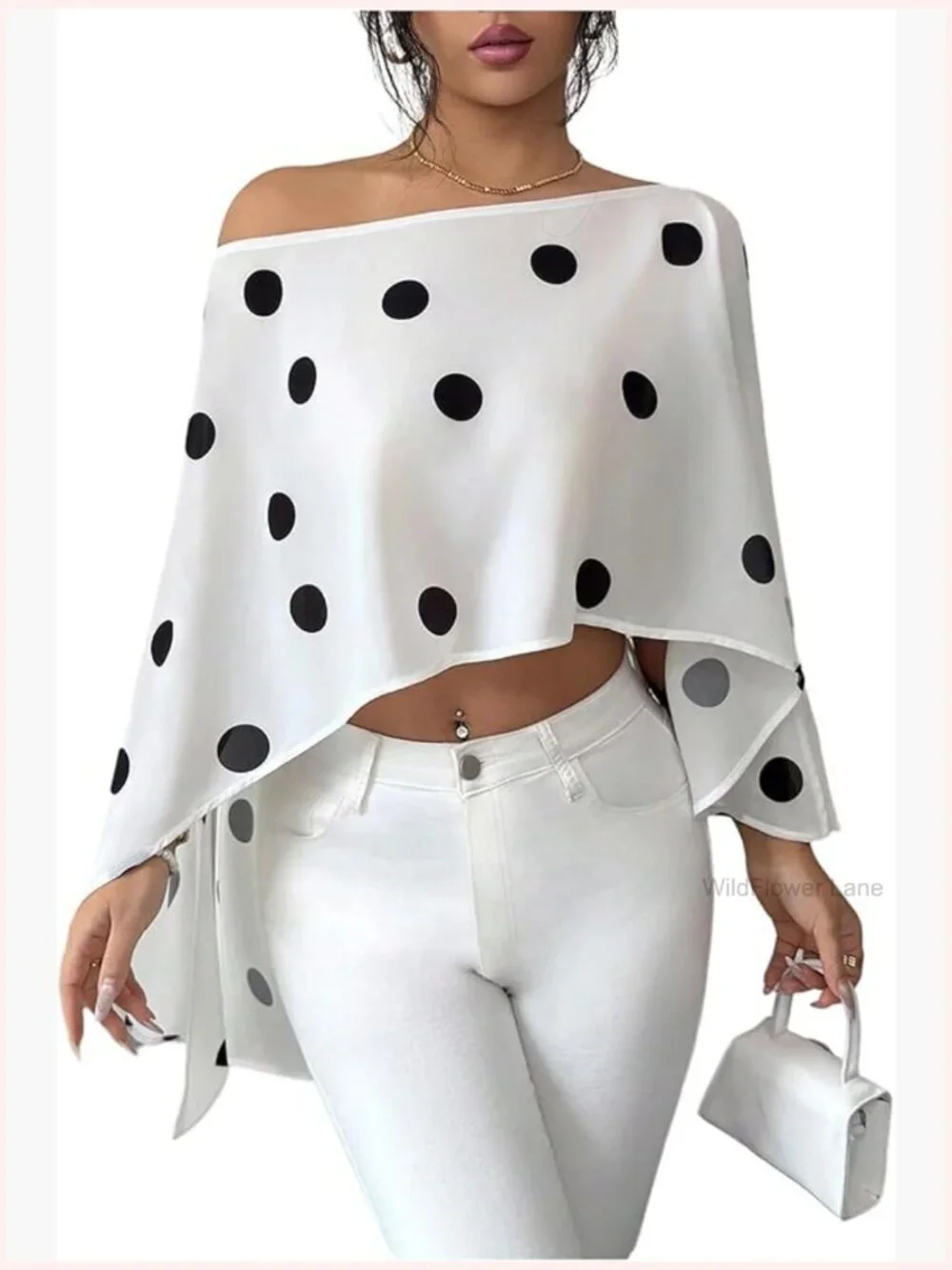 Polka Dot Off Shoulder Cape Poncho Top Chiffon Wrap Shawl